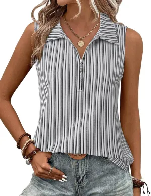 Vivilli Womens Ribbed Tank Top Zipper V Neck Dressy Casual Blouses Sleeveless Camisole Tops Work Tank Polo Shirts