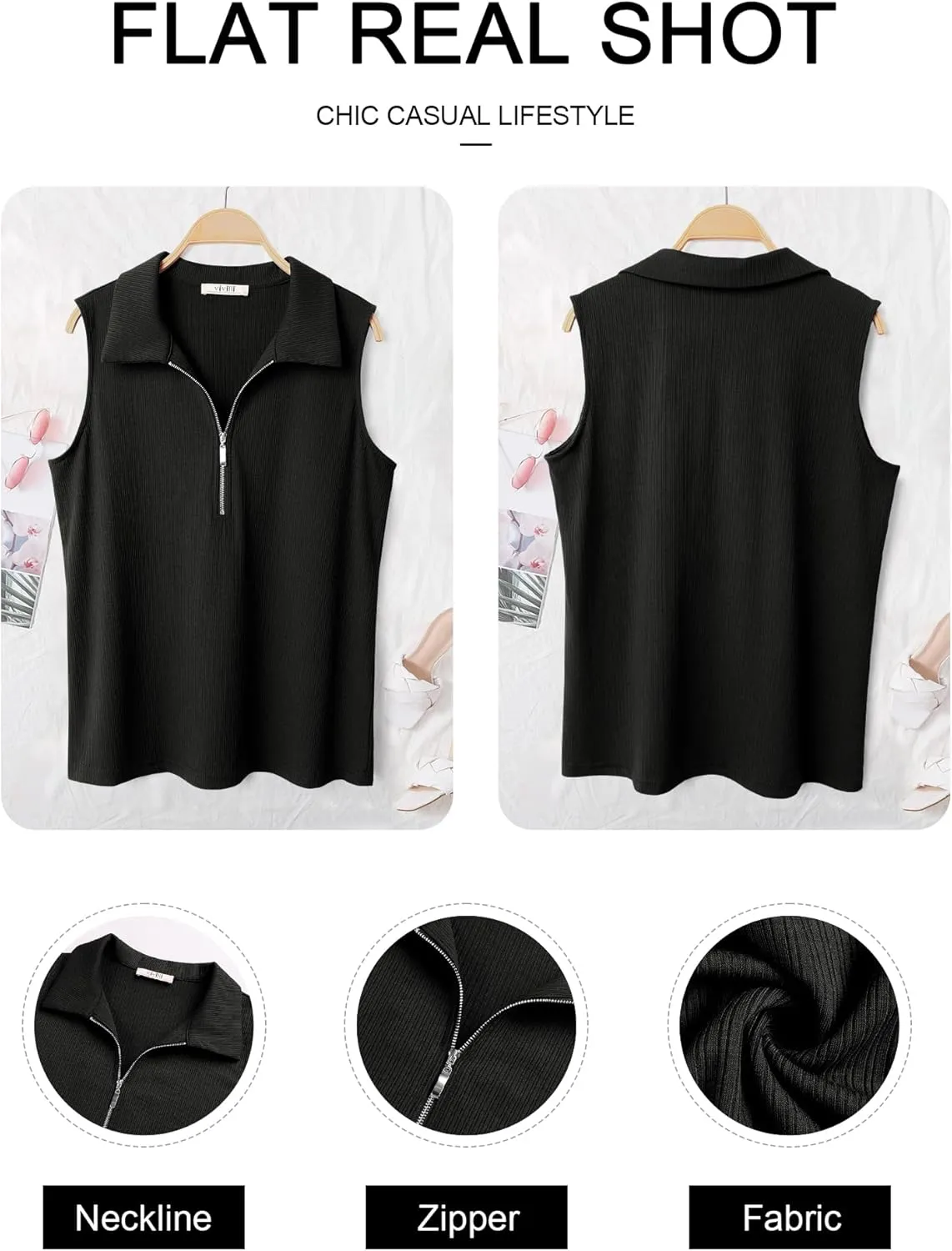 Vivilli Womens Ribbed Tank Top Zipper V Neck Dressy Casual Blouses Sleeveless Camisole Tops Work Tank Polo Shirts