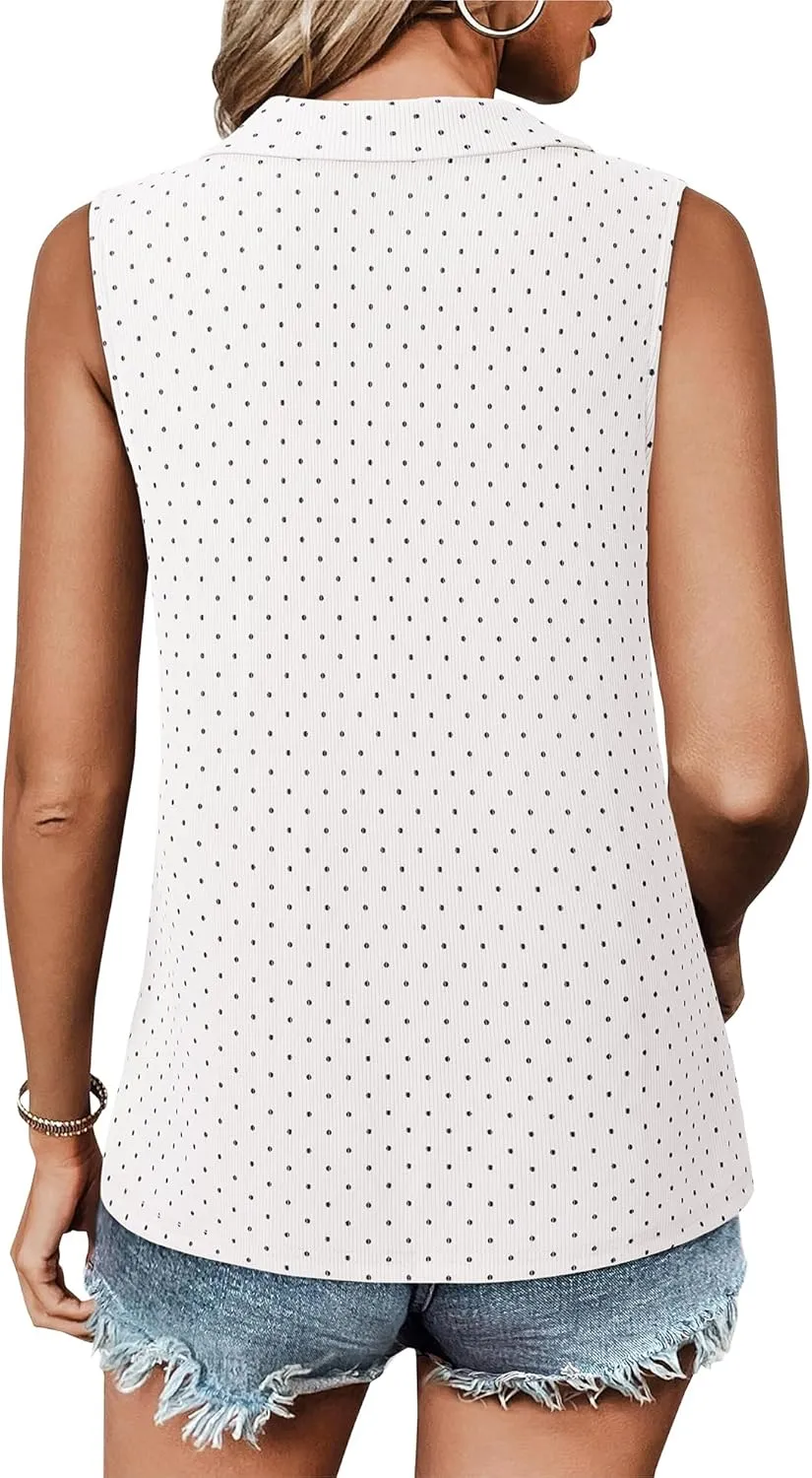 Vivilli Womens Ribbed Tank Top Zipper V Neck Dressy Casual Blouses Sleeveless Camisole Tops Work Tank Polo Shirts