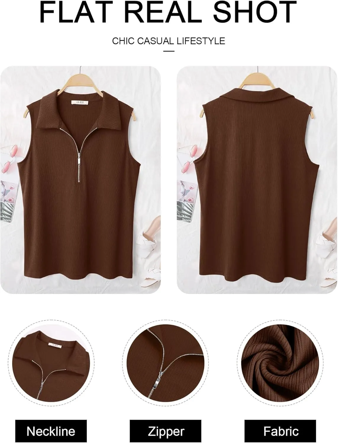 Vivilli Womens Ribbed Tank Top Zipper V Neck Dressy Casual Blouses Sleeveless Camisole Tops Work Tank Polo Shirts