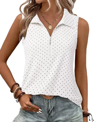 Vivilli Womens Ribbed Tank Top Zipper V Neck Dressy Casual Blouses Sleeveless Camisole Tops Work Tank Polo Shirts