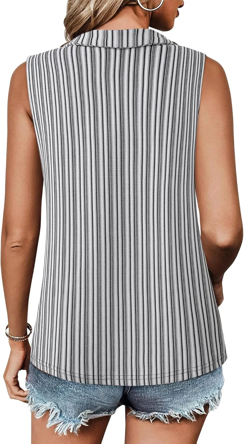 Vivilli Womens Ribbed Tank Top Zipper V Neck Dressy Casual Blouses Sleeveless Camisole Tops Work Tank Polo Shirts