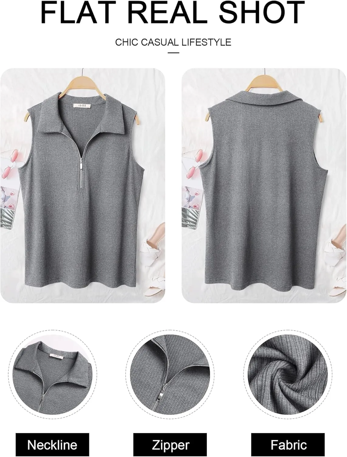 Vivilli Womens Ribbed Tank Top Zipper V Neck Dressy Casual Blouses Sleeveless Camisole Tops Work Tank Polo Shirts