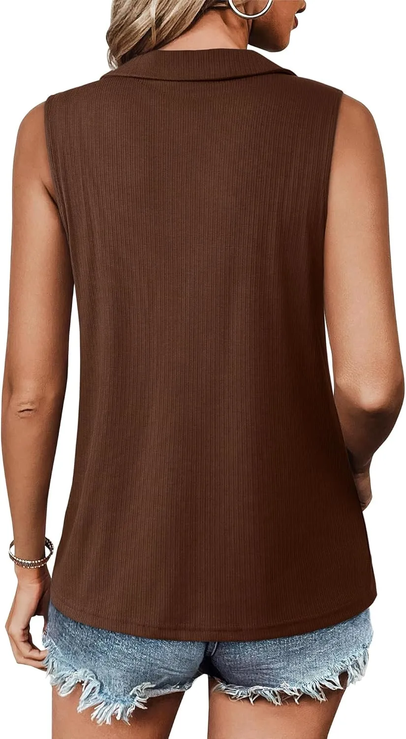 Vivilli Womens Ribbed Tank Top Zipper V Neck Dressy Casual Blouses Sleeveless Camisole Tops Work Tank Polo Shirts