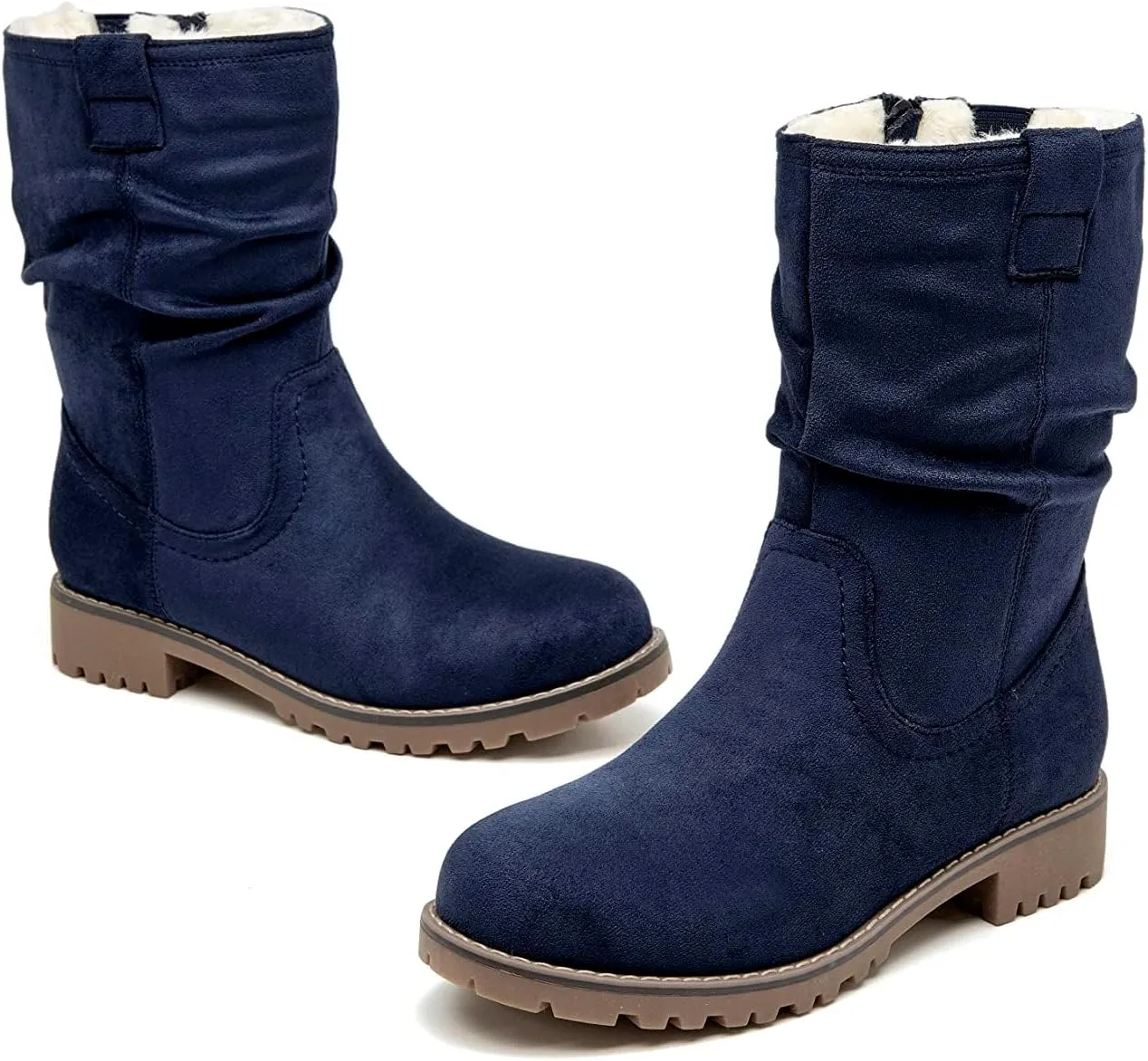 VJH confort Women's Mid Calf Boots Slouchy Riding Combat Low Heel Fur Lined Winter Zipper Booties