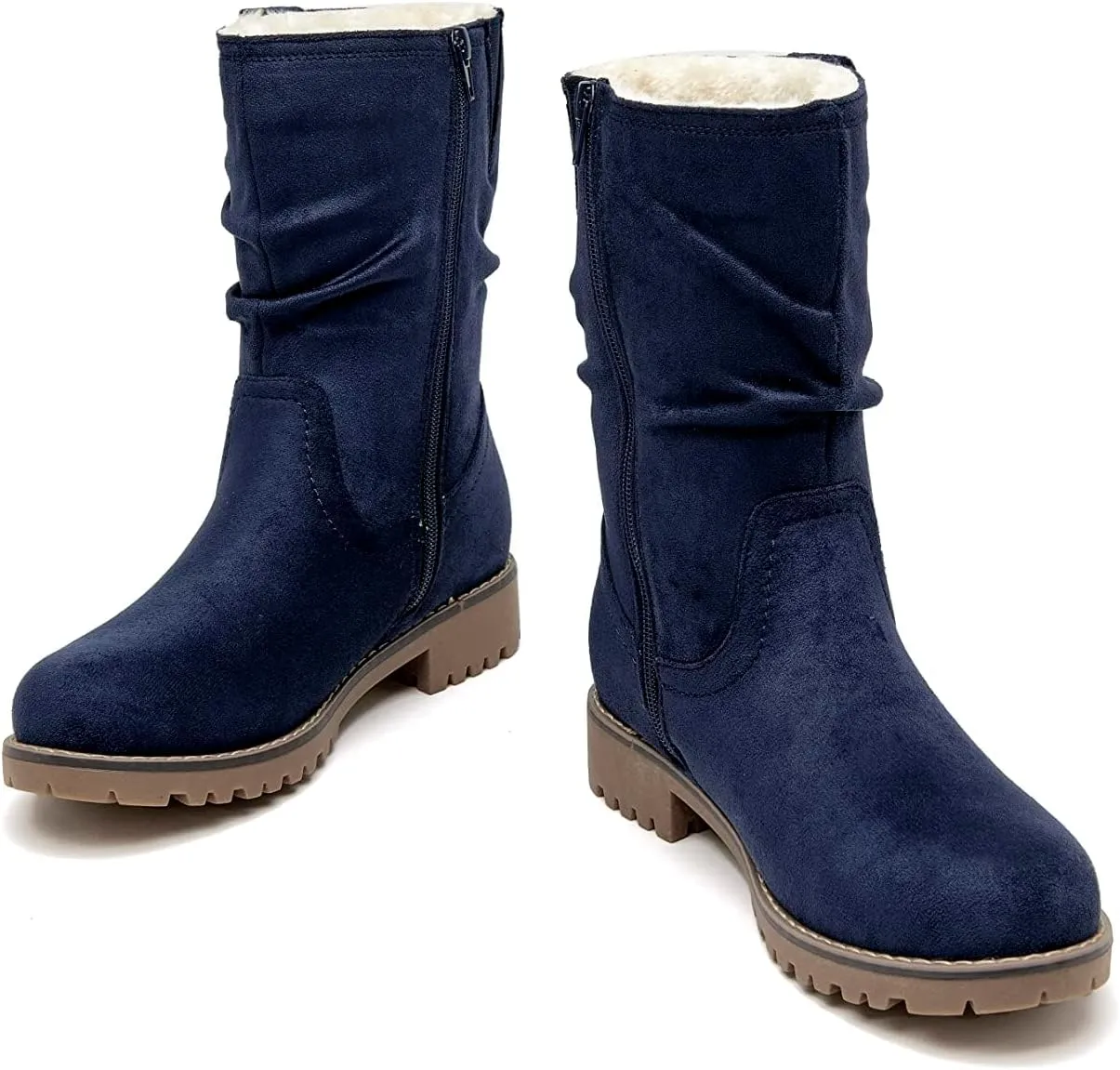 VJH confort Women's Mid Calf Boots Slouchy Riding Combat Low Heel Fur Lined Winter Zipper Booties