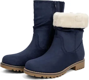 VJH confort Women's Mid Calf Boots Slouchy Riding Combat Low Heel Fur Lined Winter Zipper Booties