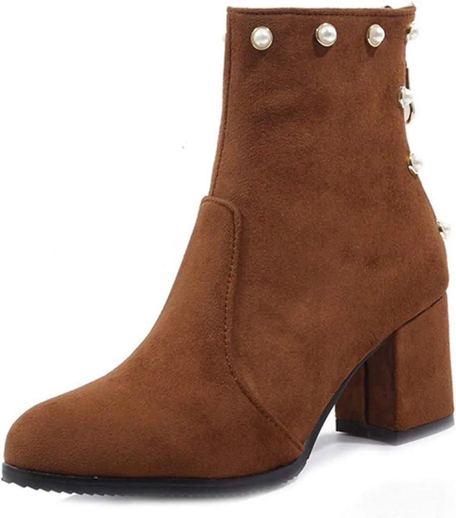VOKLIN Women's Chunky Block Heel Dress Ankle Boots Suede Round Toe Zipper Booties Studded Pearls Short Boot