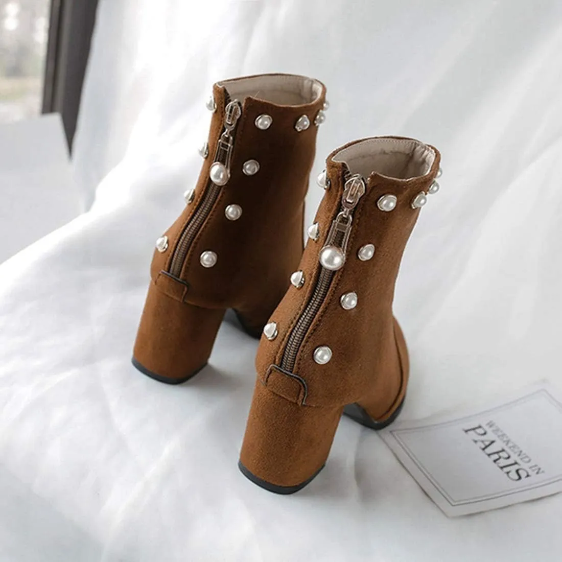 VOKLIN Women's Chunky Block Heel Dress Ankle Boots Suede Round Toe Zipper Booties Studded Pearls Short Boot