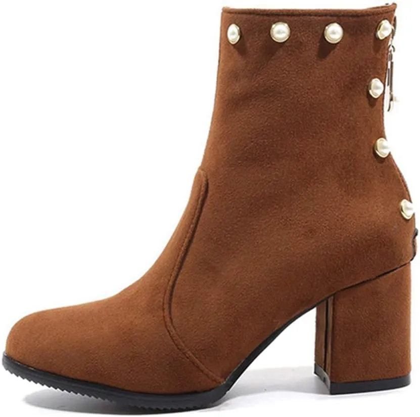 VOKLIN Women's Chunky Block Heel Dress Ankle Boots Suede Round Toe Zipper Booties Studded Pearls Short Boot