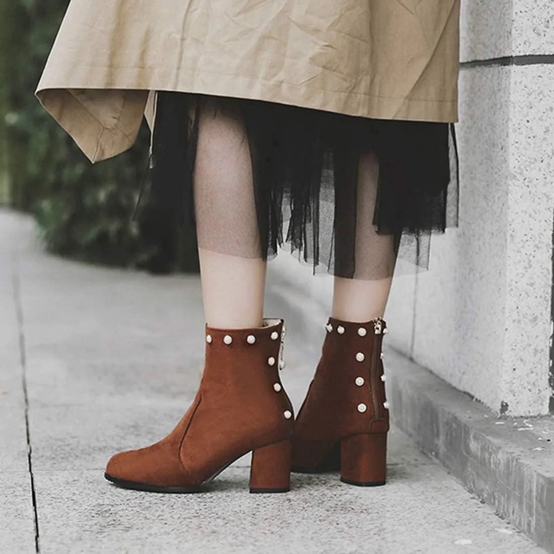 VOKLIN Women's Chunky Block Heel Dress Ankle Boots Suede Round Toe Zipper Booties Studded Pearls Short Boot
