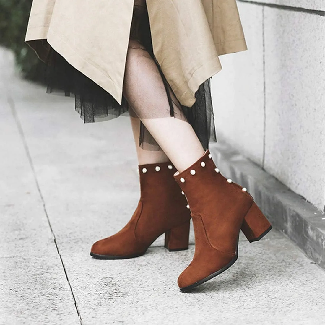 VOKLIN Women's Chunky Block Heel Dress Ankle Boots Suede Round Toe Zipper Booties Studded Pearls Short Boot