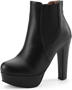 VOKLIN Women's Chunky Block High Heel Ankle Boots Round Toe Zipper Elastic Side Panel Dressy Short Booties