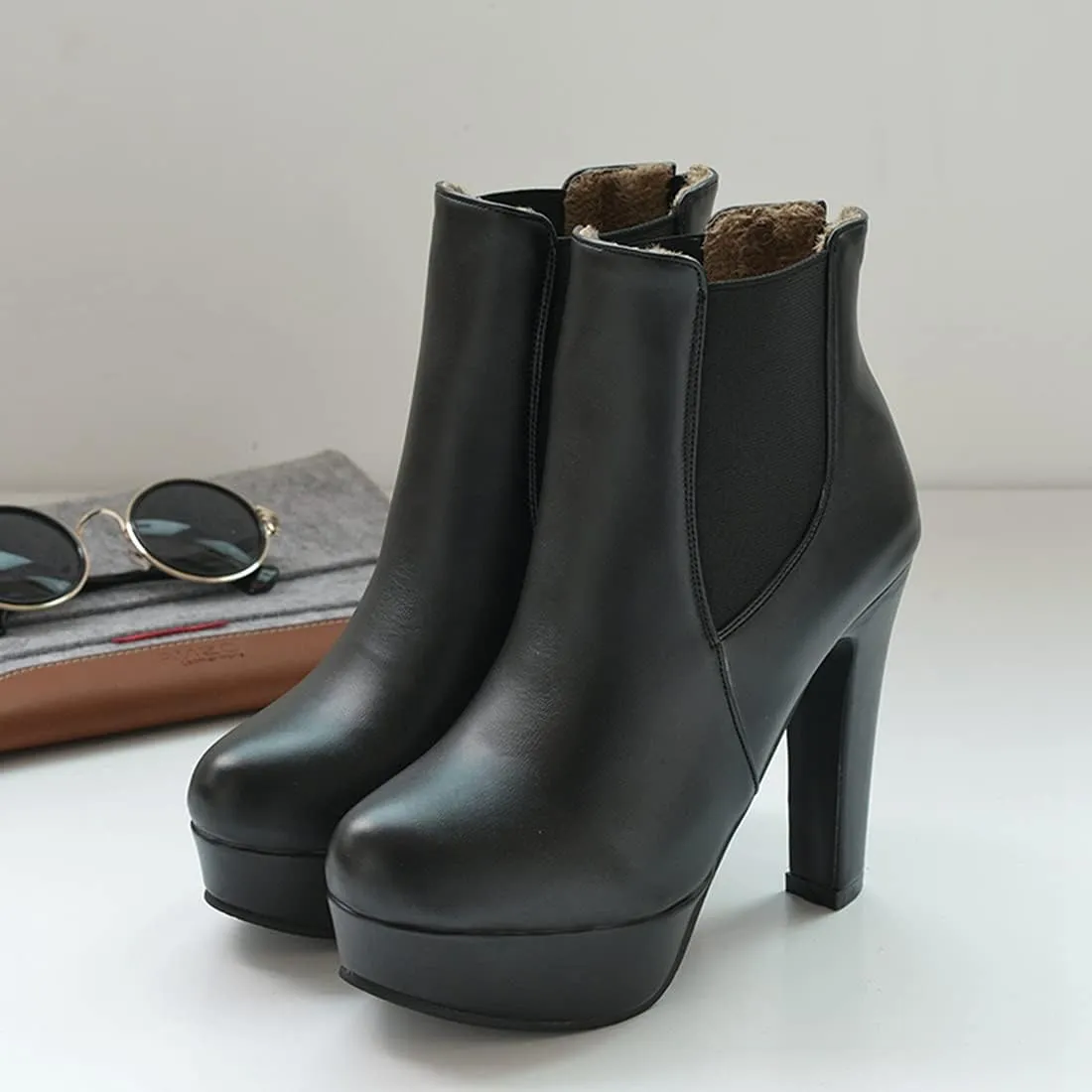 VOKLIN Women's Chunky Block High Heel Ankle Boots Round Toe Zipper Elastic Side Panel Dressy Short Booties