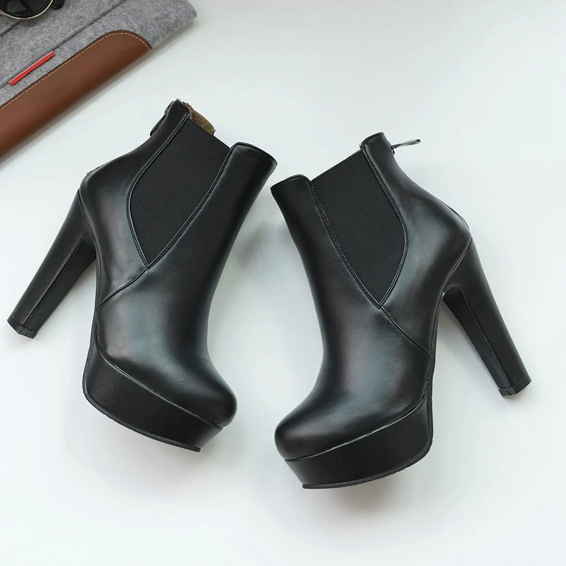 VOKLIN Women's Chunky Block High Heel Ankle Boots Round Toe Zipper Elastic Side Panel Dressy Short Booties