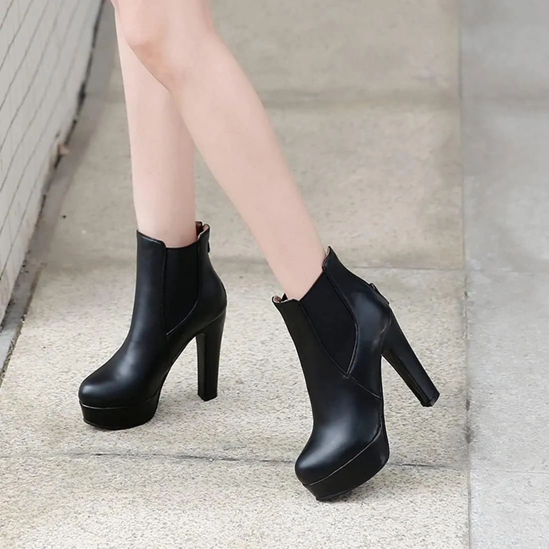 VOKLIN Women's Chunky Block High Heel Ankle Boots Round Toe Zipper Elastic Side Panel Dressy Short Booties