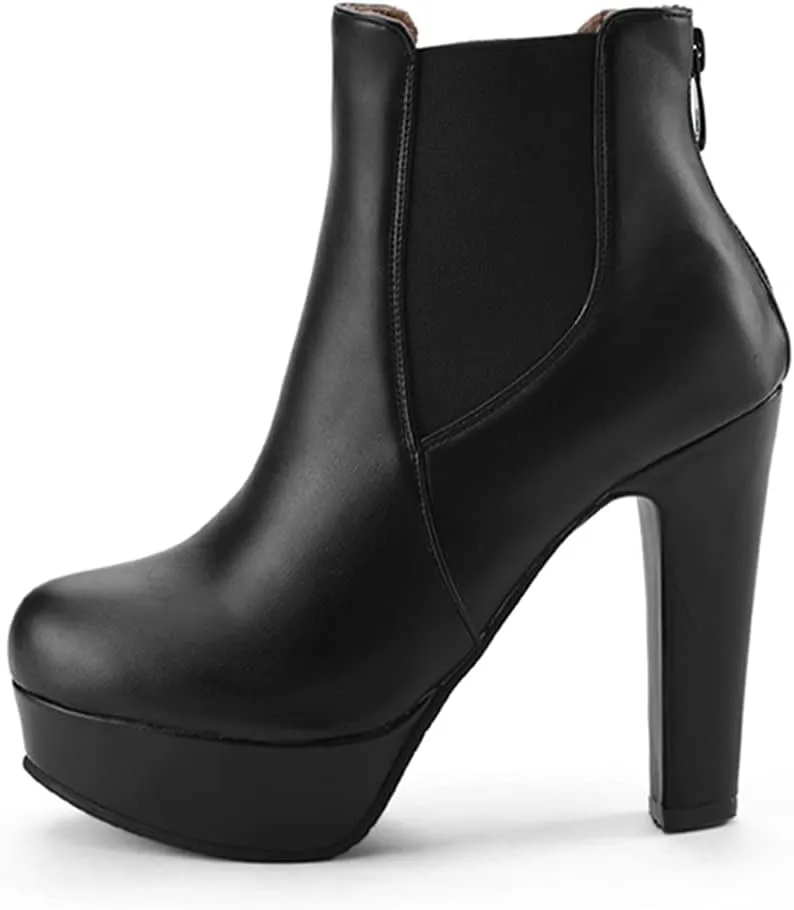 VOKLIN Women's Chunky Block High Heel Ankle Boots Round Toe Zipper Elastic Side Panel Dressy Short Booties