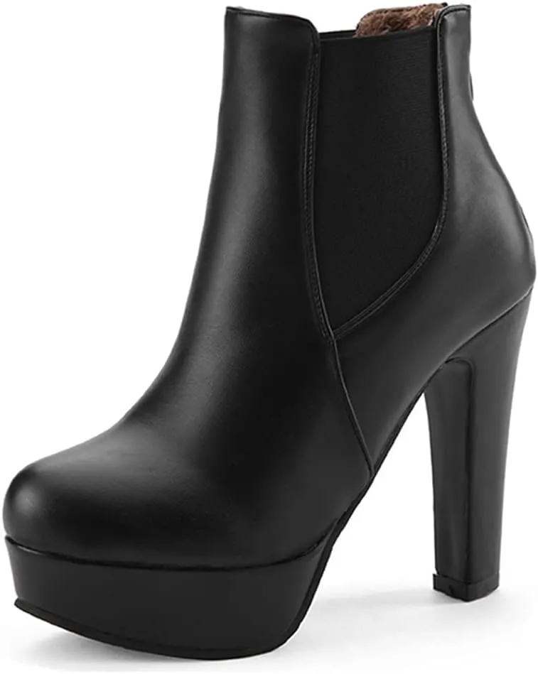 VOKLIN Women's Chunky Block High Heel Ankle Boots Round Toe Zipper Elastic Side Panel Dressy Short Booties