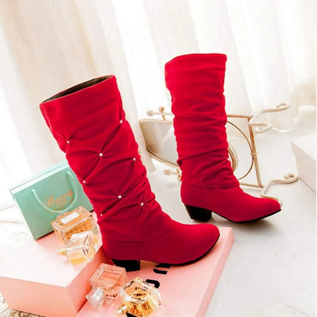 VOKLIN Women's Fashion Slouch Mid Calf Riding Boots With Rhinestone Round Toe Suede Cozy Low Heel Dress Boot