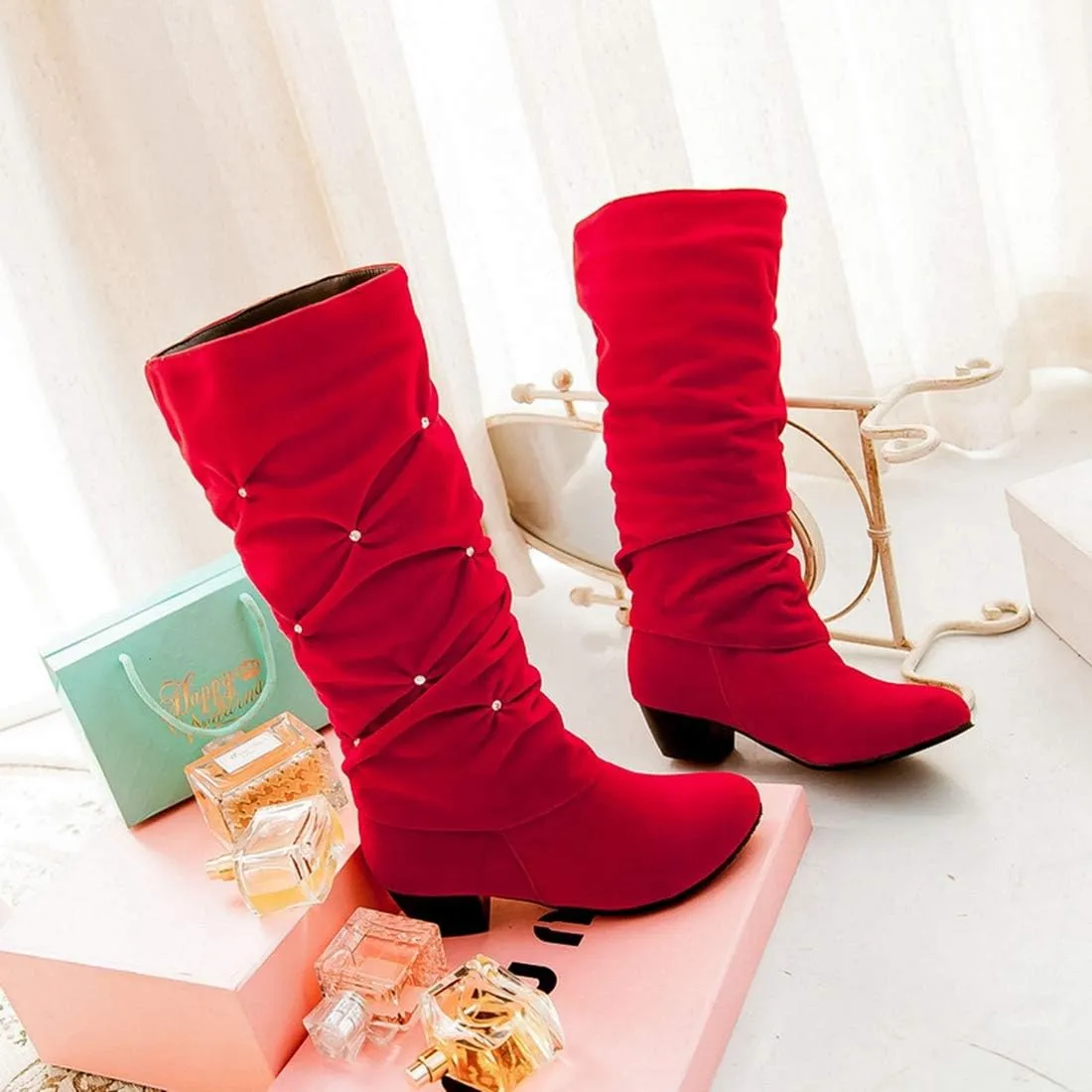 VOKLIN Women's Fashion Slouch Mid Calf Riding Boots With Rhinestone Round Toe Suede Cozy Low Heel Dress Boot