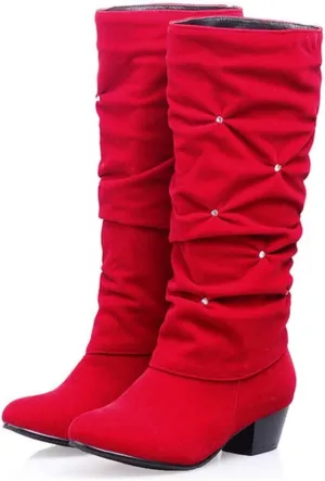 VOKLIN Women's Fashion Slouch Mid Calf Riding Boots With Rhinestone Round Toe Suede Cozy Low Heel Dress Boot