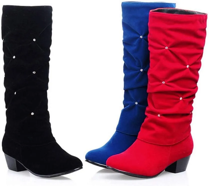 VOKLIN Women's Fashion Slouch Mid Calf Riding Boots With Rhinestone Round Toe Suede Cozy Low Heel Dress Boot