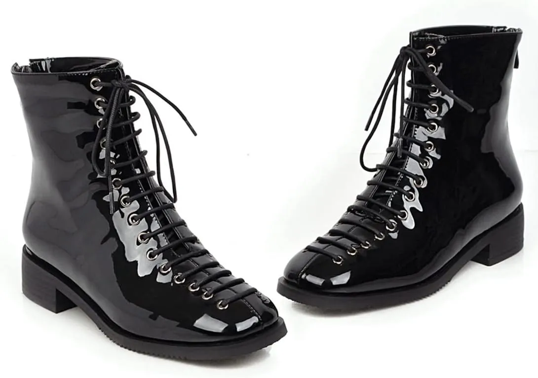 VOKLIN Women's Square Toe Western Dressy Ankle Boots Patent Leather Lace Up Zip Flat Low Heel Short Booties