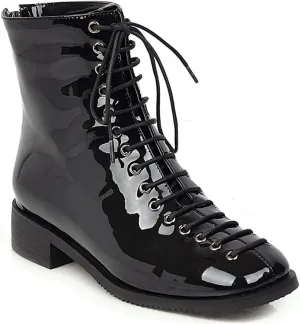 VOKLIN Women's Square Toe Western Dressy Ankle Boots Patent Leather Lace Up Zip Flat Low Heel Short Booties