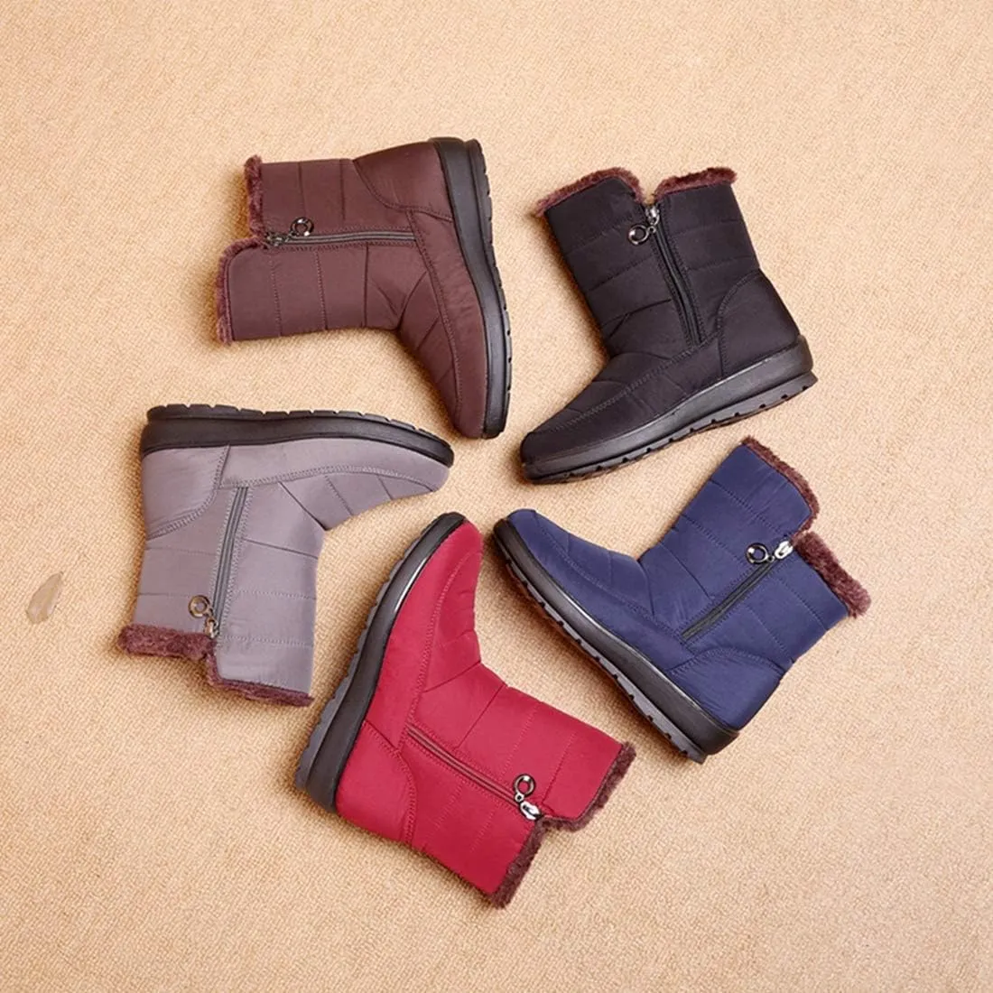 VOKLIN Women's Waterproof Rain Snow Ankle Boots Winter Warm Fur Zipper Anti-slip Outdoor Snow Short Booties