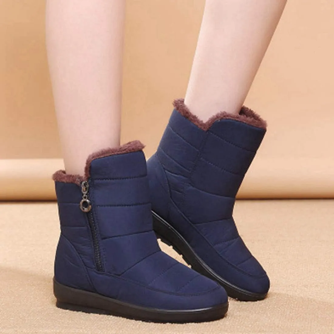 VOKLIN Women's Waterproof Rain Snow Ankle Boots Winter Warm Fur Zipper Anti-slip Outdoor Snow Short Booties