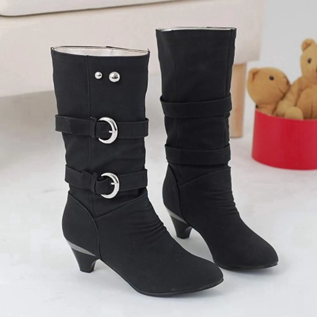 VOKLIN Women's Winter Buckle Mid Wide Calf Boots Round Toe Pull On Kitten Low Heel Warm Width Slouch Boots