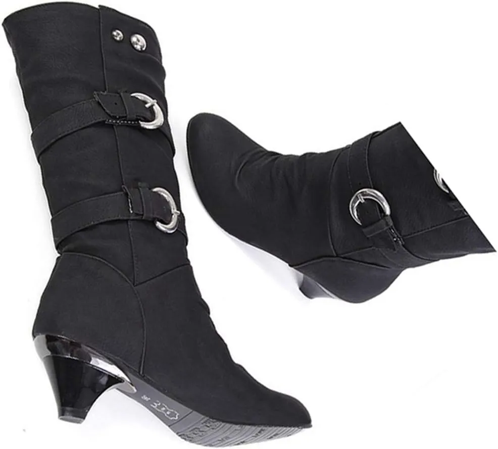 VOKLIN Women's Winter Buckle Mid Wide Calf Boots Round Toe Pull On Kitten Low Heel Warm Width Slouch Boots
