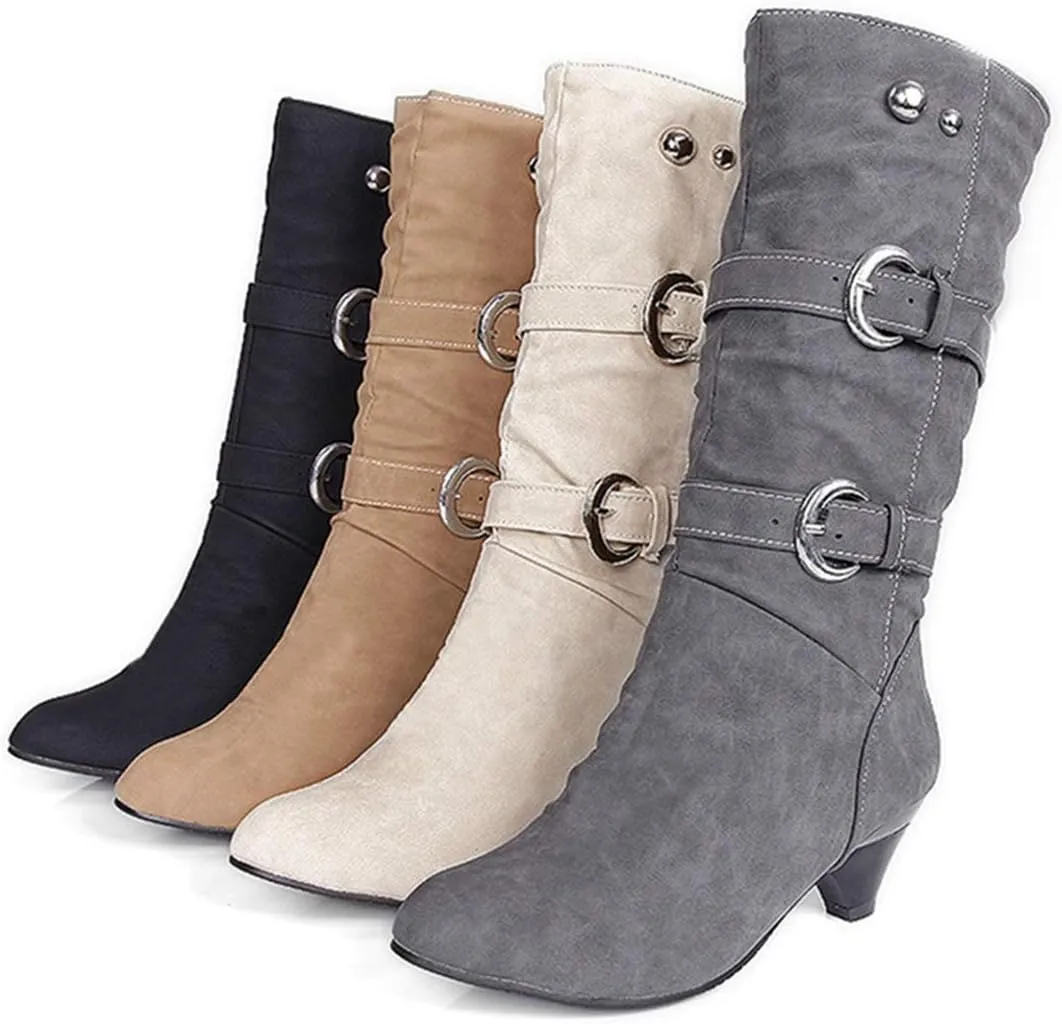 VOKLIN Women's Winter Buckle Mid Wide Calf Boots Round Toe Pull On Kitten Low Heel Warm Width Slouch Boots