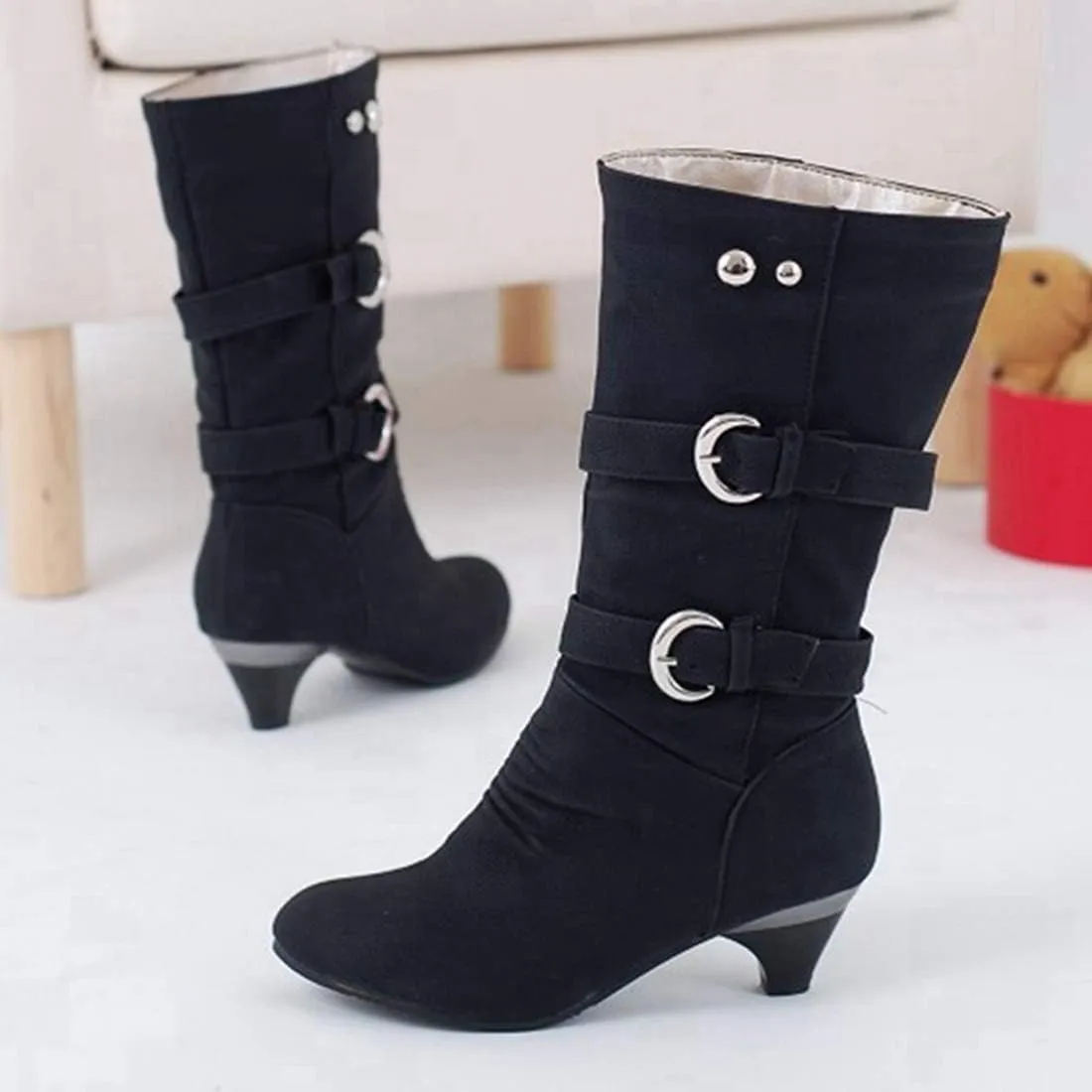 VOKLIN Women's Winter Buckle Mid Wide Calf Boots Round Toe Pull On Kitten Low Heel Warm Width Slouch Boots