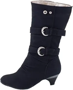 VOKLIN Women's Winter Buckle Mid Wide Calf Boots Round Toe Pull On Kitten Low Heel Warm Width Slouch Boots