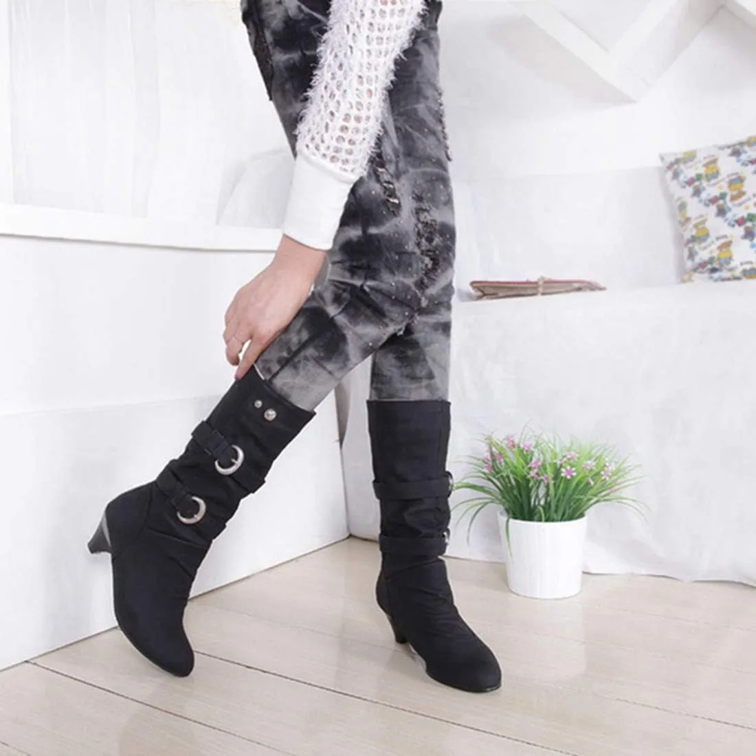 VOKLIN Women's Winter Buckle Mid Wide Calf Boots Round Toe Pull On Kitten Low Heel Warm Width Slouch Boots