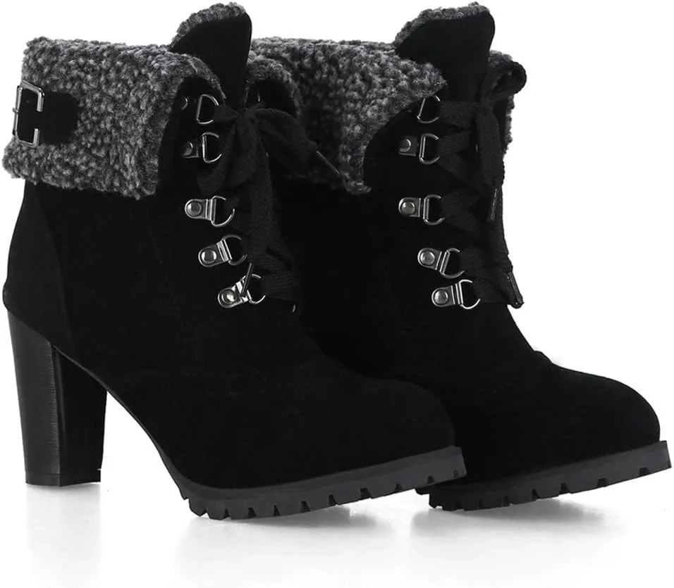 VOKLIN Women's Winter Fur Ankle Boots Lace Up Round Toe Chunky Block High Heel Warm Cuff Dressy Short Booties