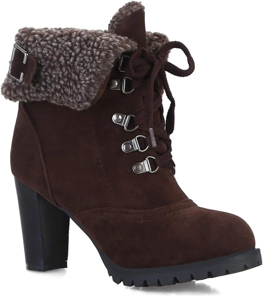 VOKLIN Women's Winter Fur Ankle Boots Lace Up Round Toe Chunky Block High Heel Warm Cuff Dressy Short Booties