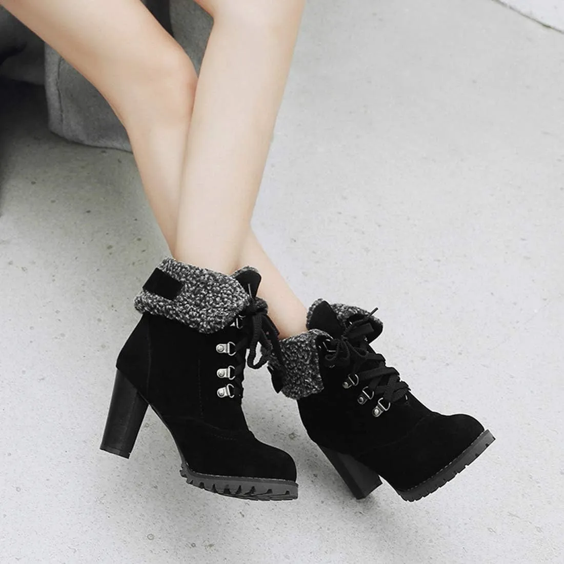 VOKLIN Women's Winter Fur Ankle Boots Lace Up Round Toe Chunky Block High Heel Warm Cuff Dressy Short Booties