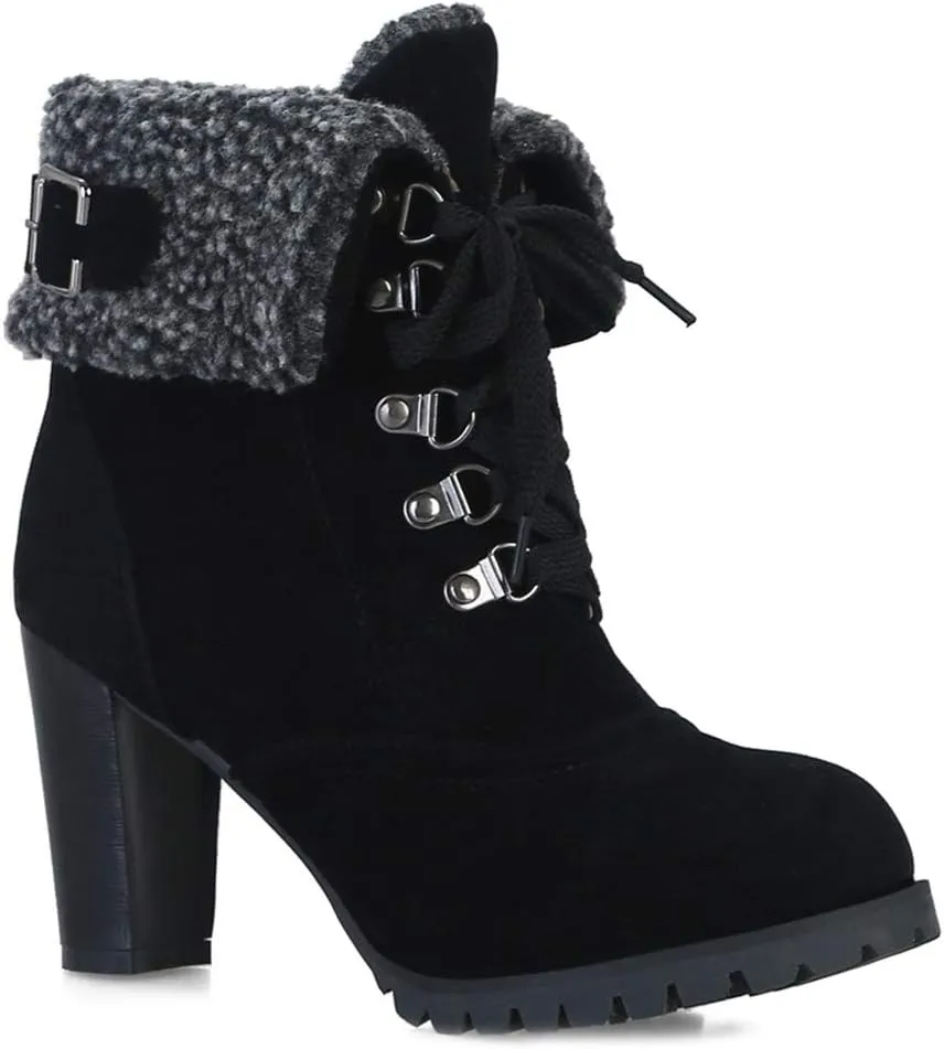 VOKLIN Women's Winter Fur Ankle Boots Lace Up Round Toe Chunky Block High Heel Warm Cuff Dressy Short Booties