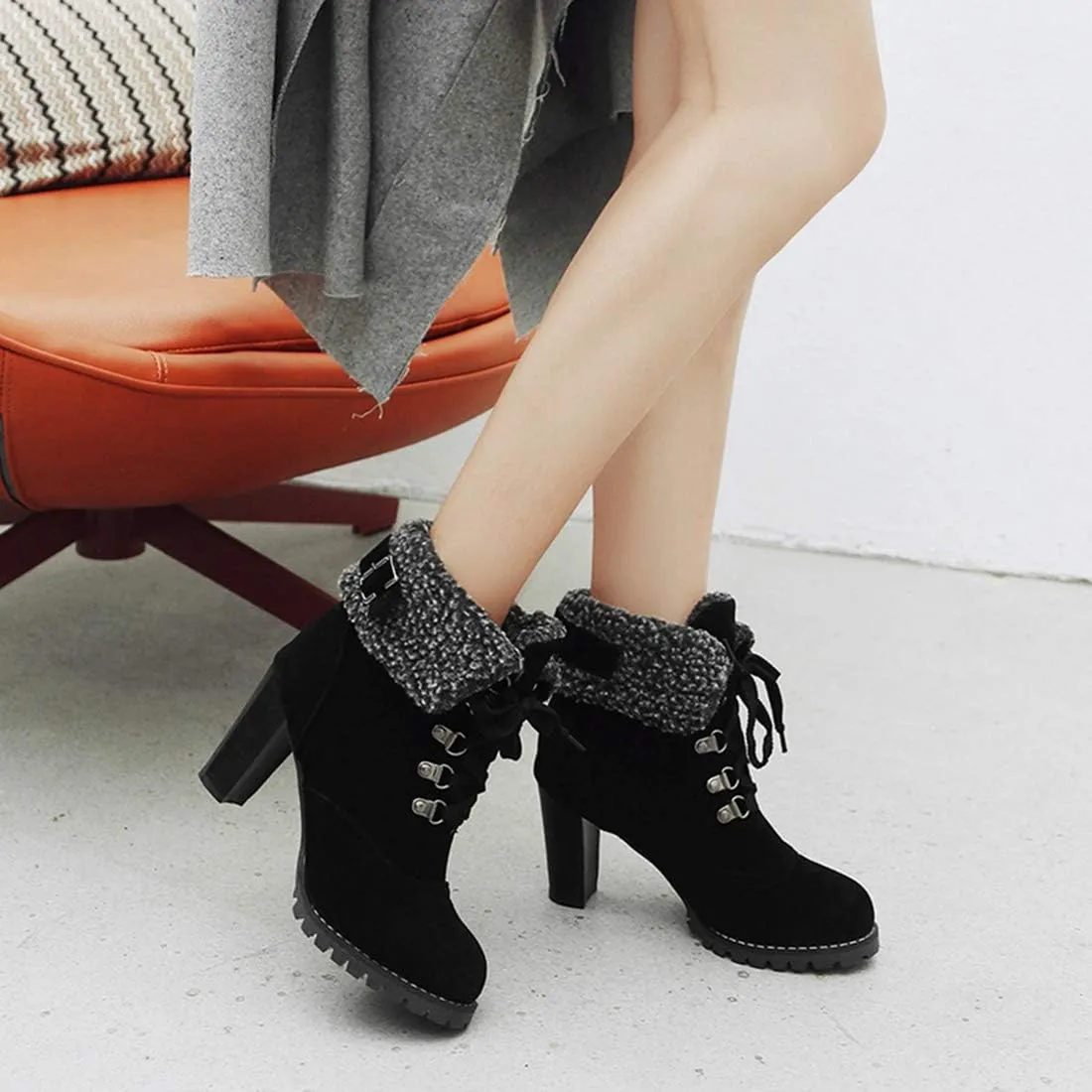 VOKLIN Women's Winter Fur Ankle Boots Lace Up Round Toe Chunky Block High Heel Warm Cuff Dressy Short Booties