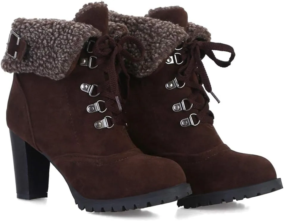VOKLIN Women's Winter Fur Ankle Boots Lace Up Round Toe Chunky Block High Heel Warm Cuff Dressy Short Booties