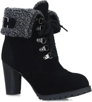VOKLIN Women's Winter Fur Ankle Boots Lace Up Round Toe Chunky Block High Heel Warm Cuff Dressy Short Booties