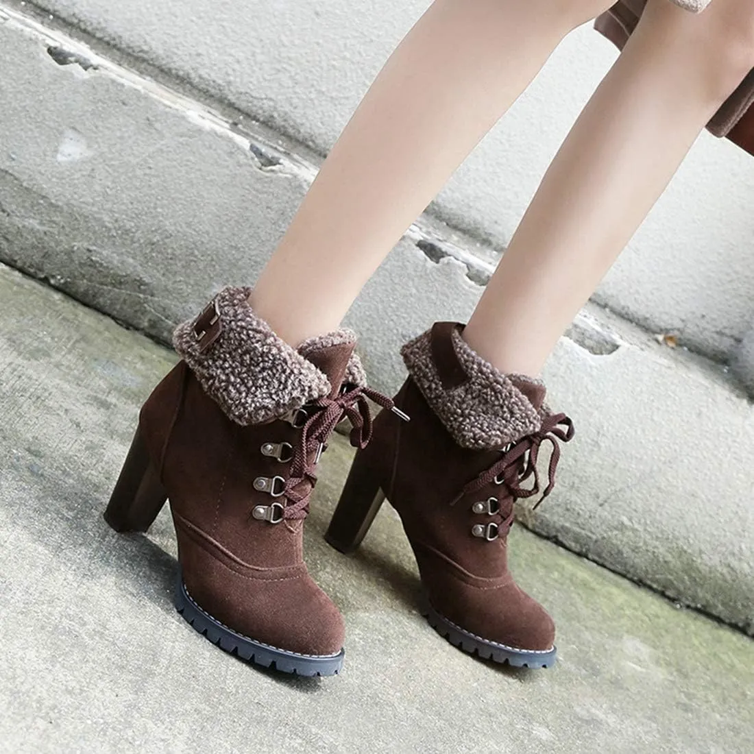 VOKLIN Women's Winter Fur Ankle Boots Lace Up Round Toe Chunky Block High Heel Warm Cuff Dressy Short Booties