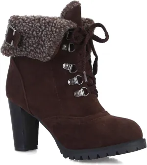 VOKLIN Women's Winter Fur Ankle Boots Lace Up Round Toe Chunky Block High Heel Warm Cuff Dressy Short Booties