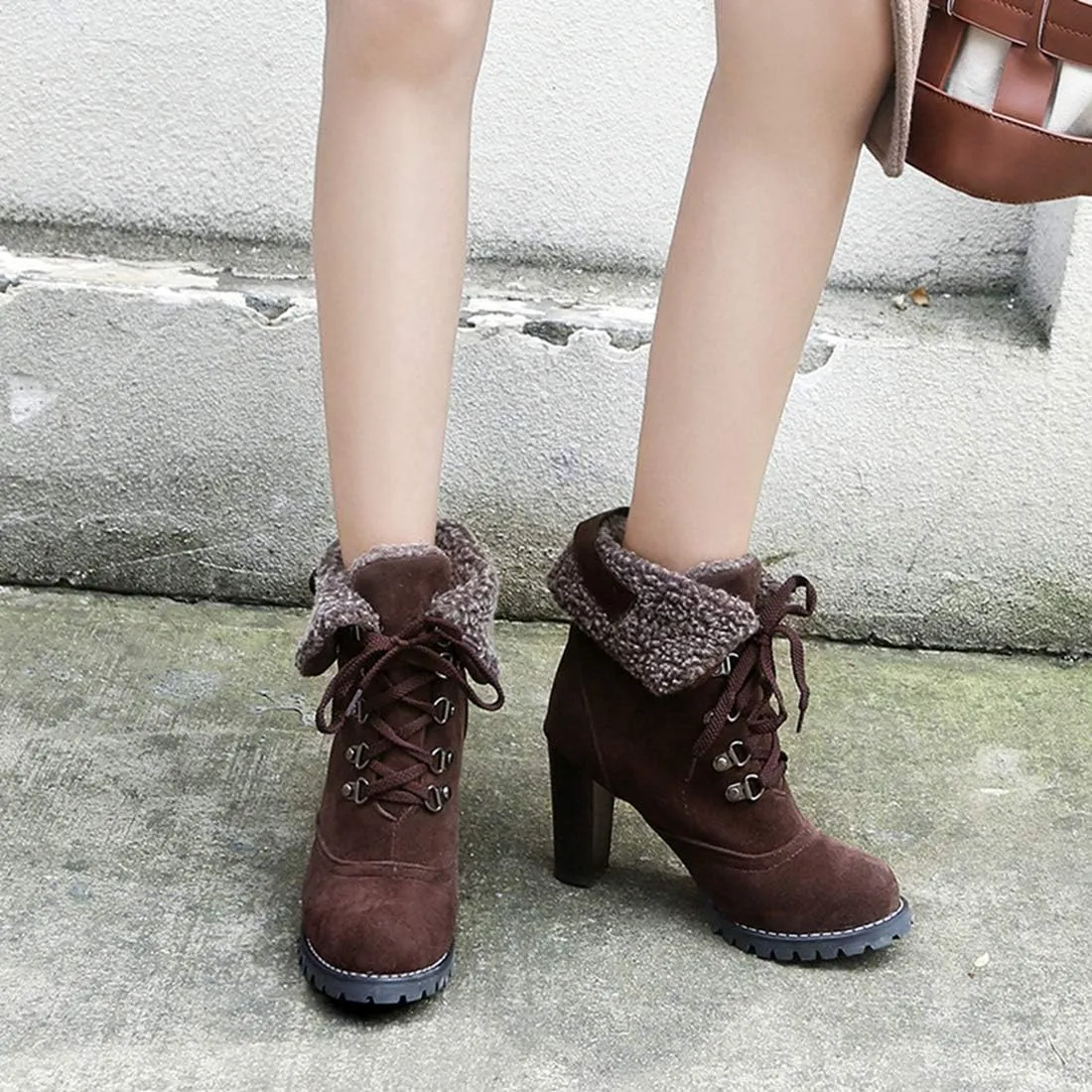 VOKLIN Women's Winter Fur Ankle Boots Lace Up Round Toe Chunky Block High Heel Warm Cuff Dressy Short Booties