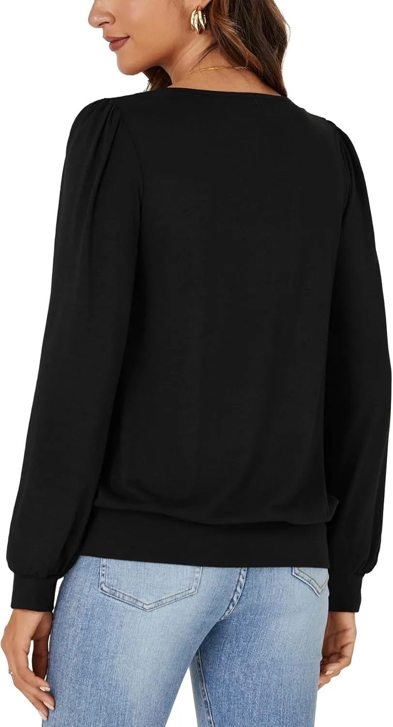 Vrtige Women's Casual Banded Bottom V Neck Puff Long Sleeve Tunic Top Blouse Shirt