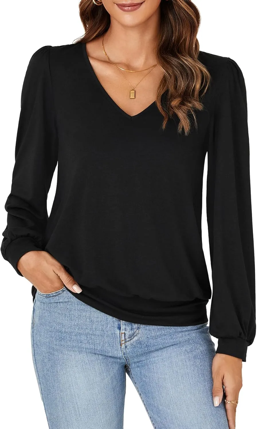 Vrtige Women's Casual Banded Bottom V Neck Puff Long Sleeve Tunic Top Blouse Shirt