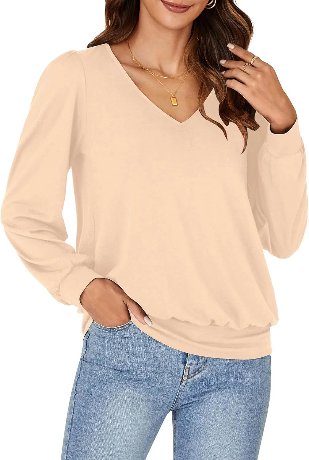 Vrtige Women's Casual Banded Bottom V Neck Puff Long Sleeve Tunic Top Blouse Shirt