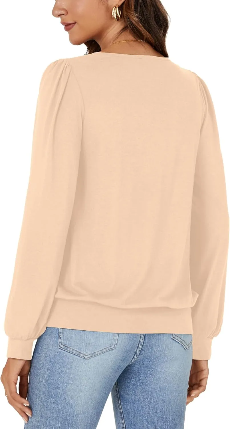 Vrtige Women's Casual Banded Bottom V Neck Puff Long Sleeve Tunic Top Blouse Shirt